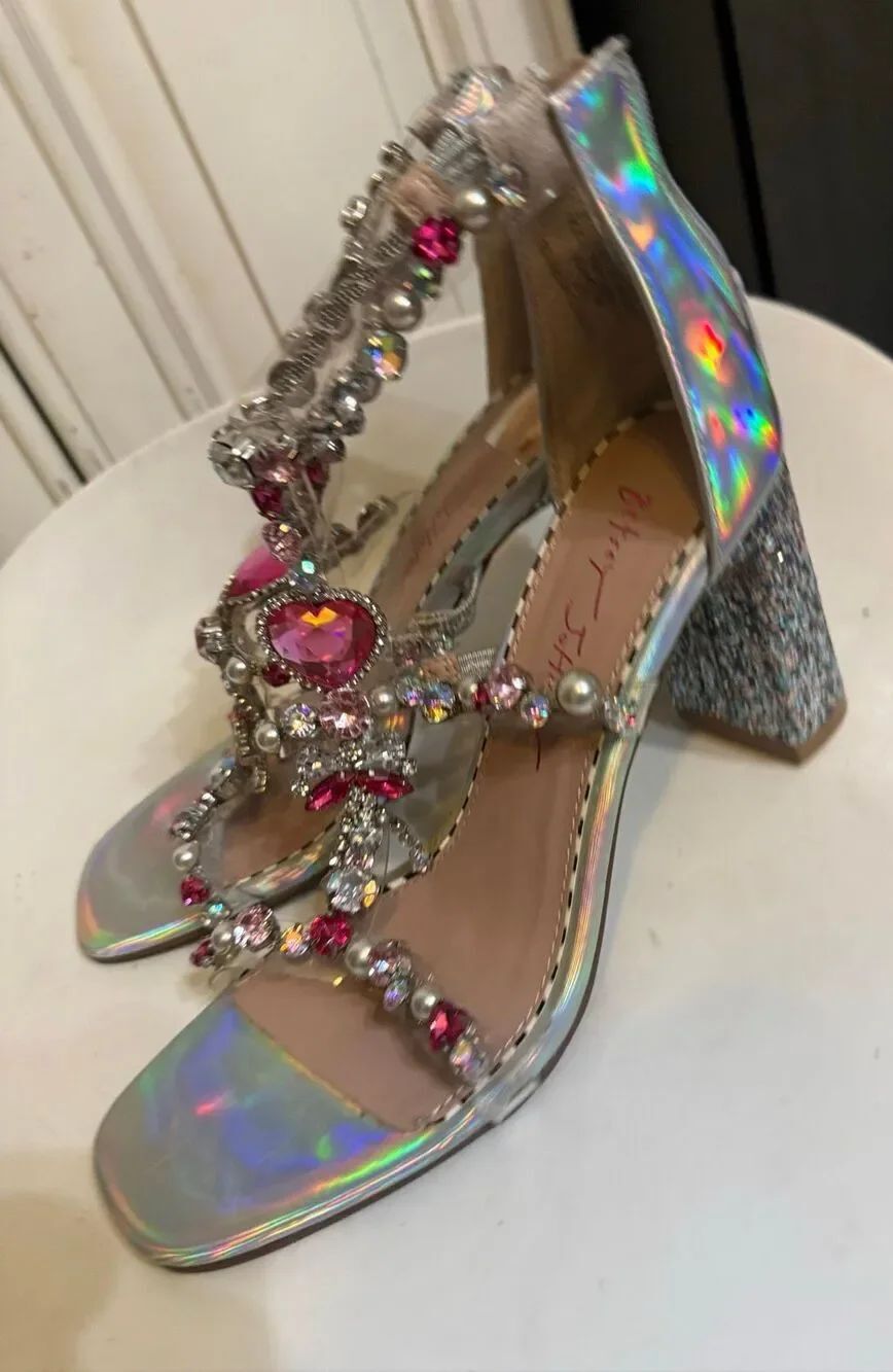 Betsey Johnson Women's Rhinestone Astridd Jeweled Heels Pink Silver Size 7